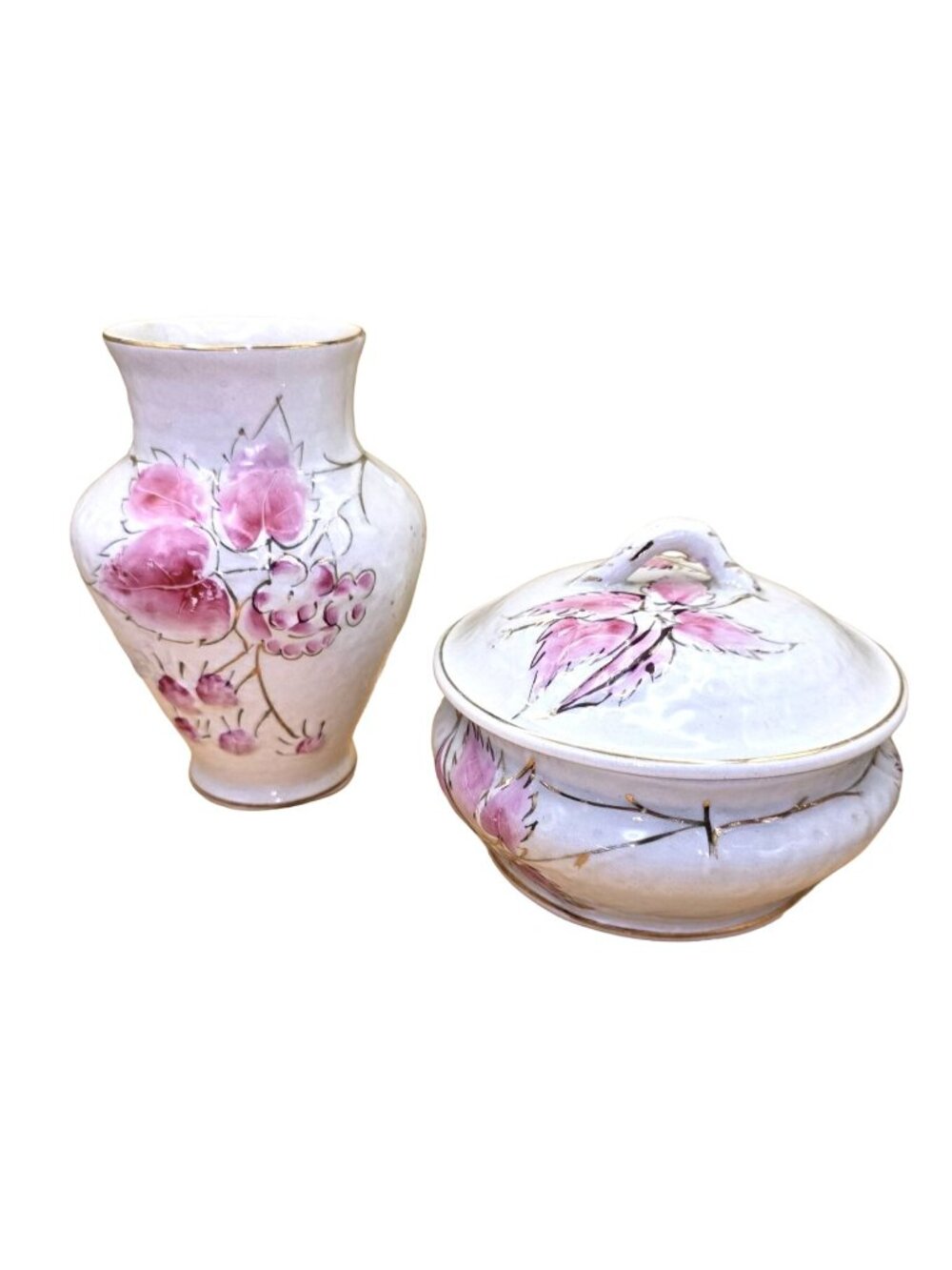 Wheeling Pottery Vase & Covered Dish Set Hand-Painted Floral Porcelain JJ3678